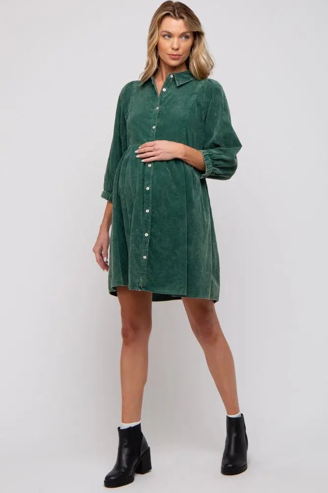 PinkBlush Green Corduroy Button Down Collared Maternity Dress - 