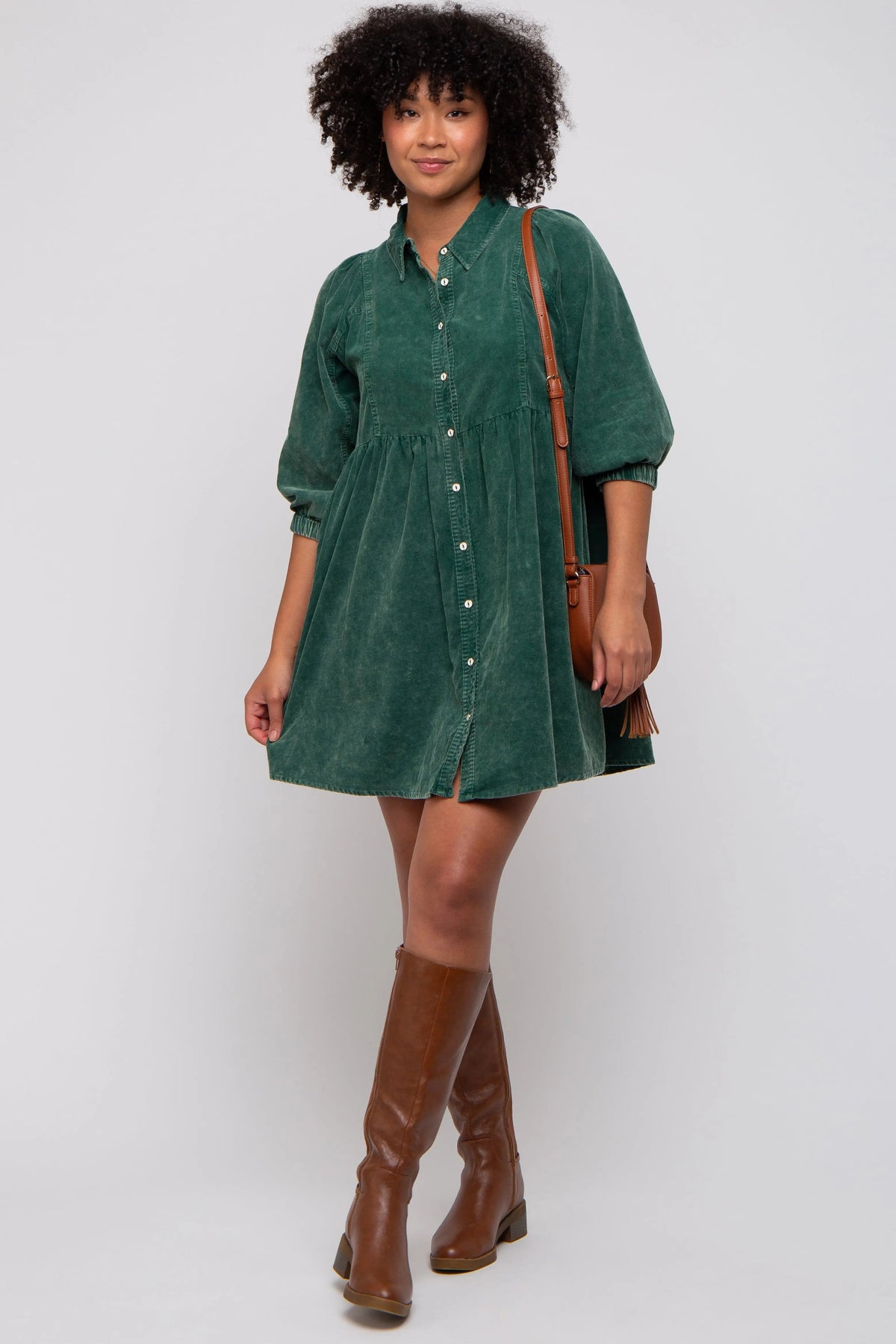 PinkBlush Green Corduroy Button Down Collared Maternity Dress - 