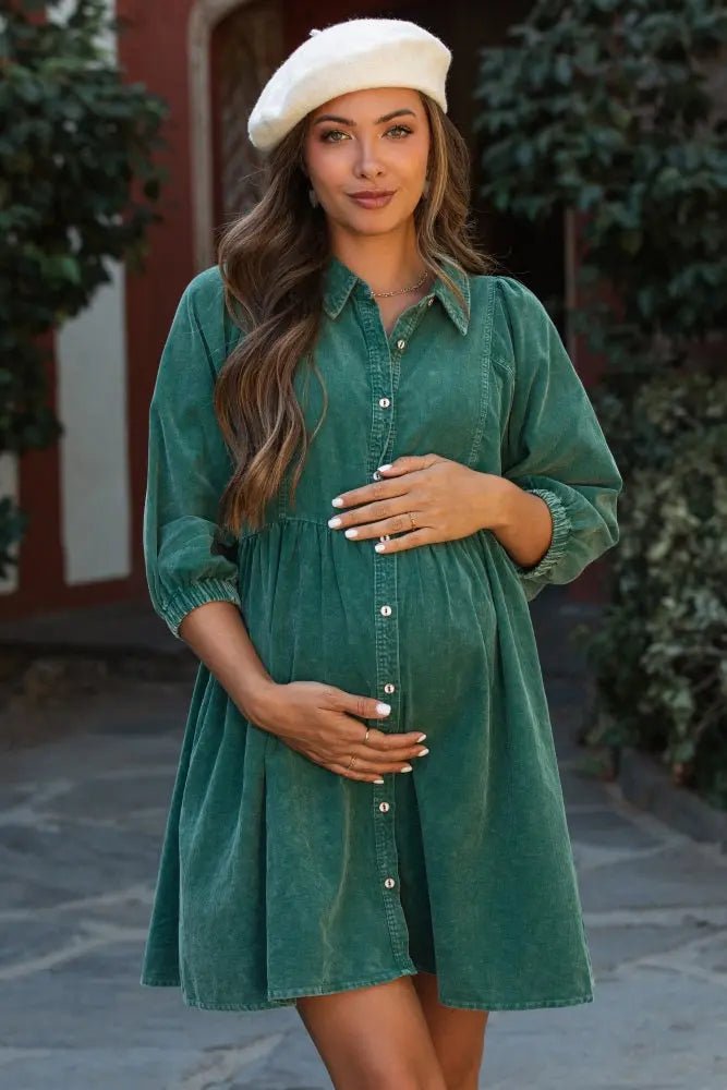 PinkBlush Green Corduroy Button Down Collared Maternity Dress - 