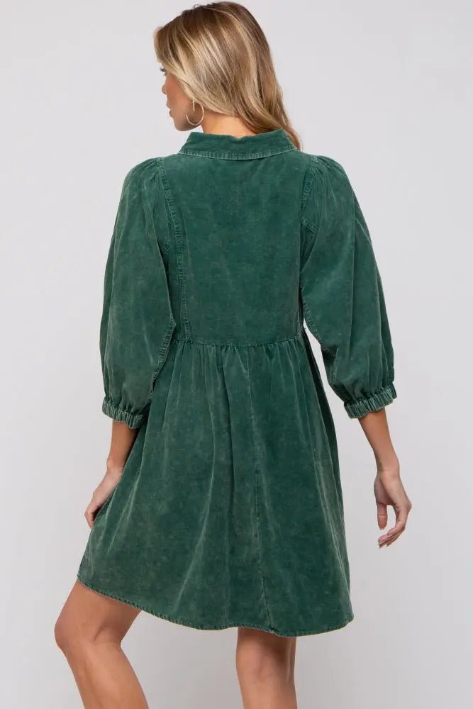 PinkBlush Green Corduroy Button Down Collared Maternity Dress - 