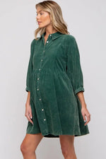 PinkBlush Green Corduroy Button Down Collared Maternity Dress - 