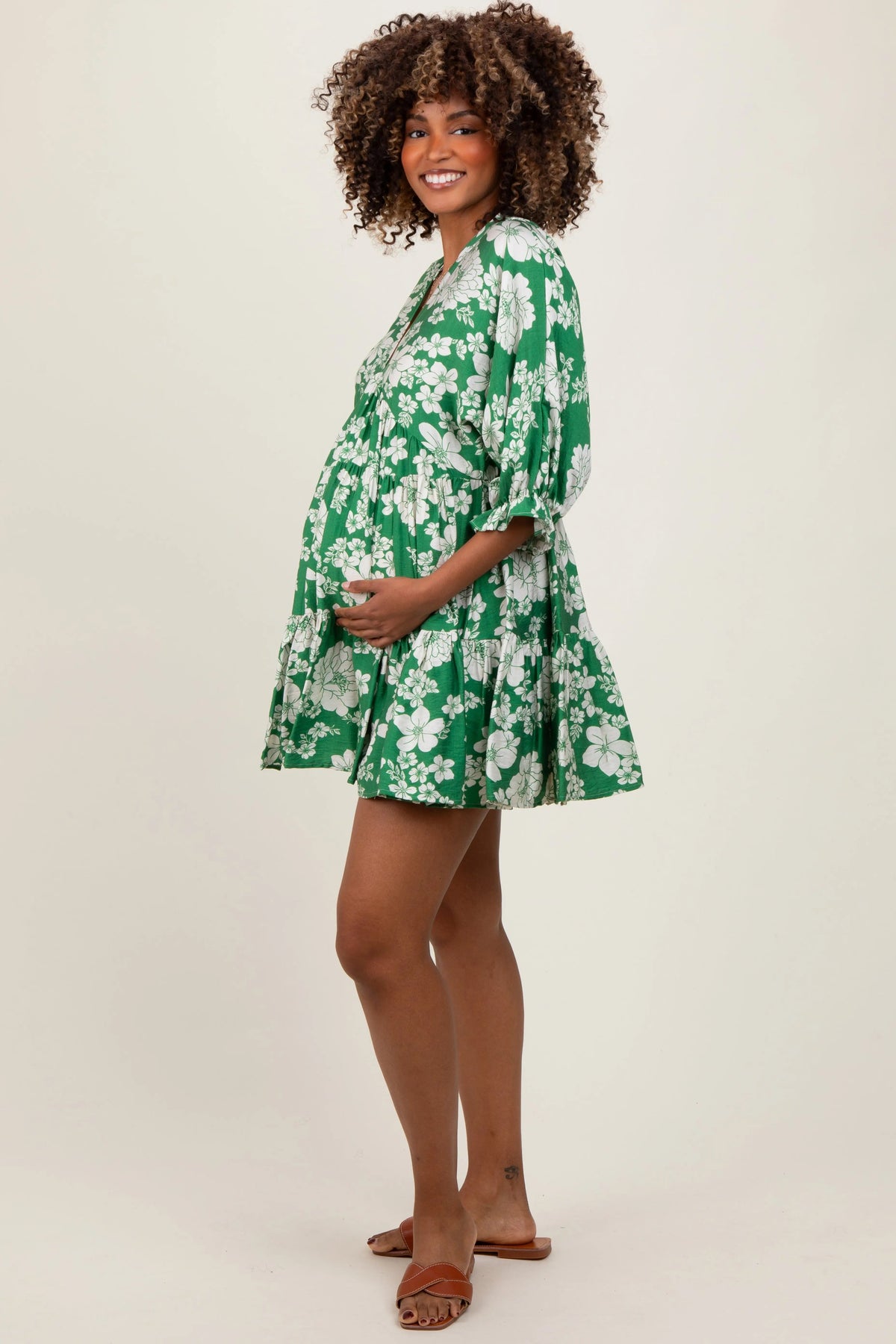 PinkBlush Green Floral Deep V - Neck Maternity Mini Dress - 