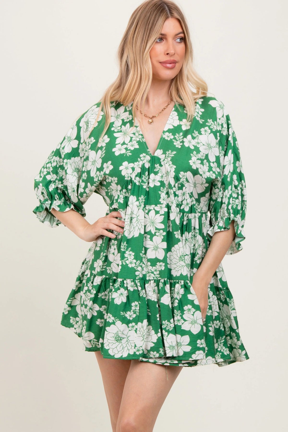 PinkBlush Green Floral Deep V - Neck Maternity Mini Dress - 