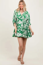 PinkBlush Green Floral Deep V - Neck Mini Dress - 
