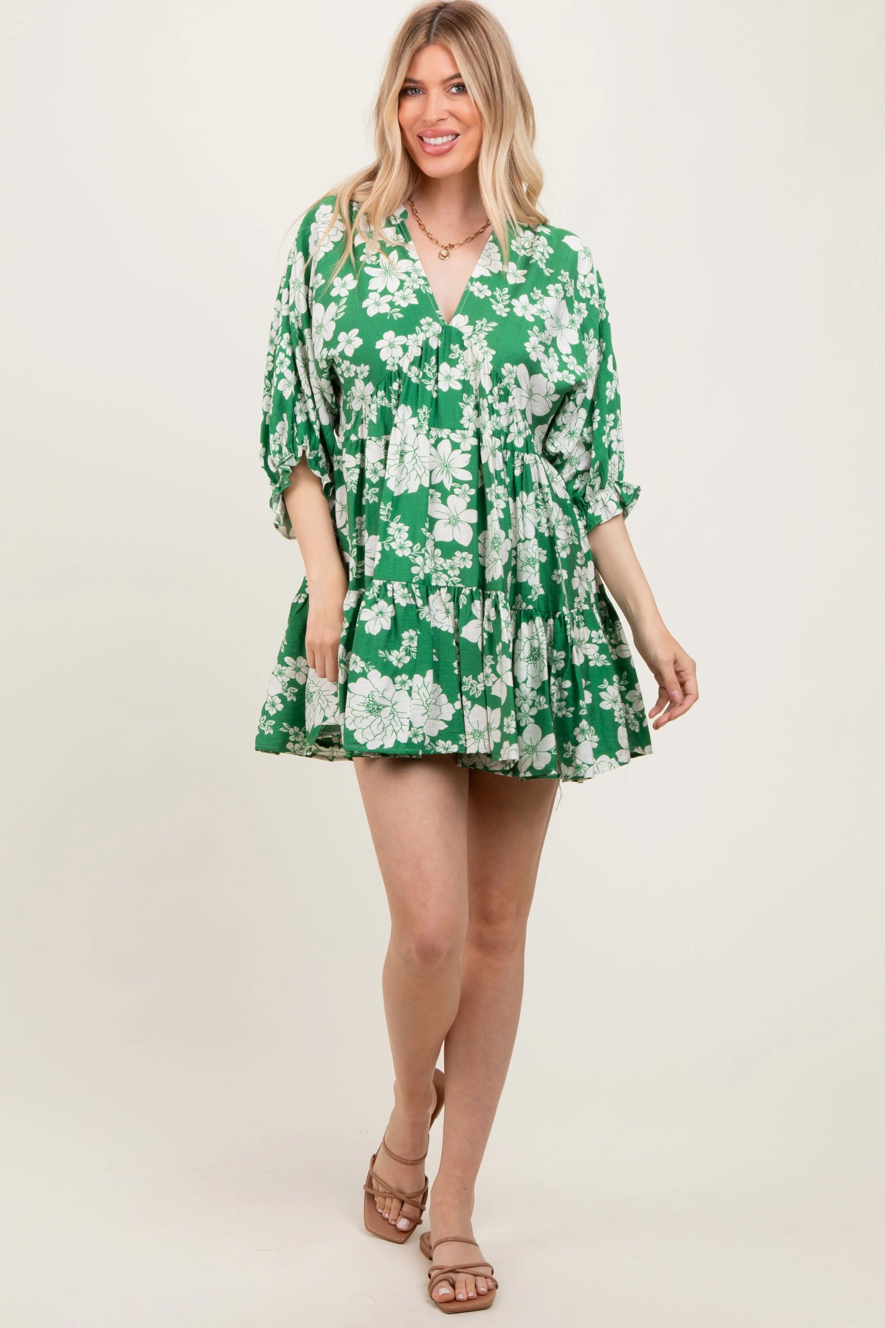 PinkBlush Green Floral Deep V - Neck Mini Dress - 