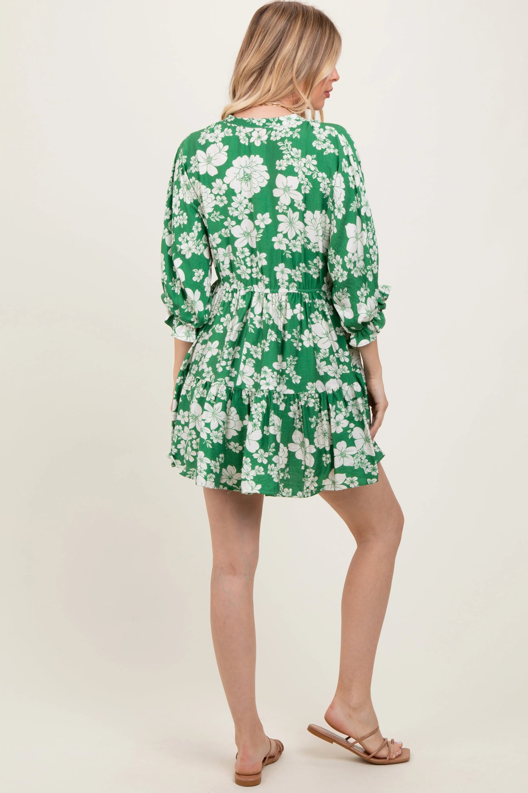 PinkBlush Green Floral Deep V - Neck Mini Dress - 