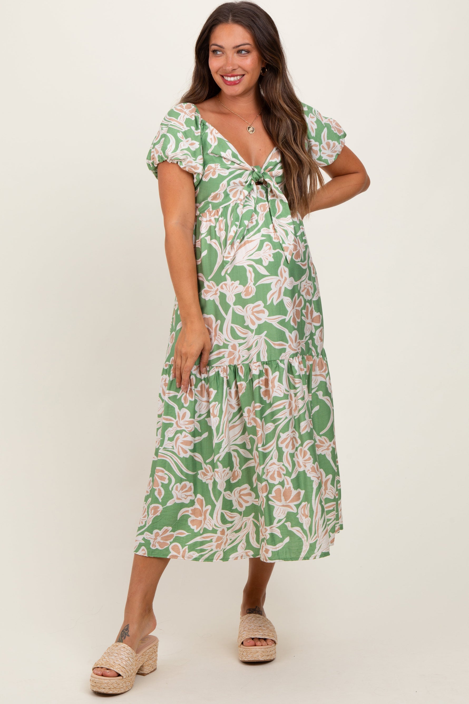 PinkBlush Green Floral Front Tie Maternity Midi Dress - 