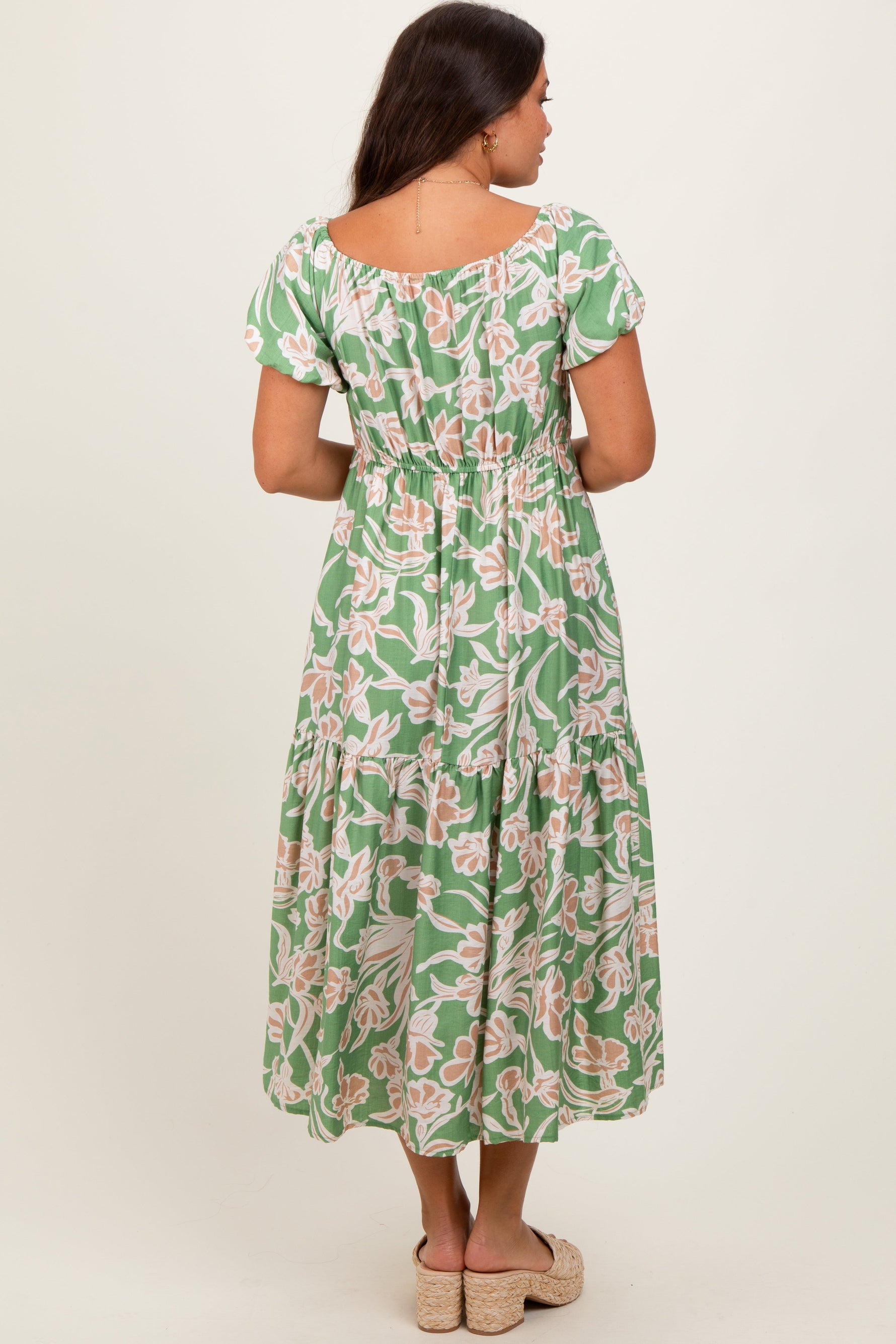 PinkBlush Green Floral Front Tie Maternity Midi Dress - 