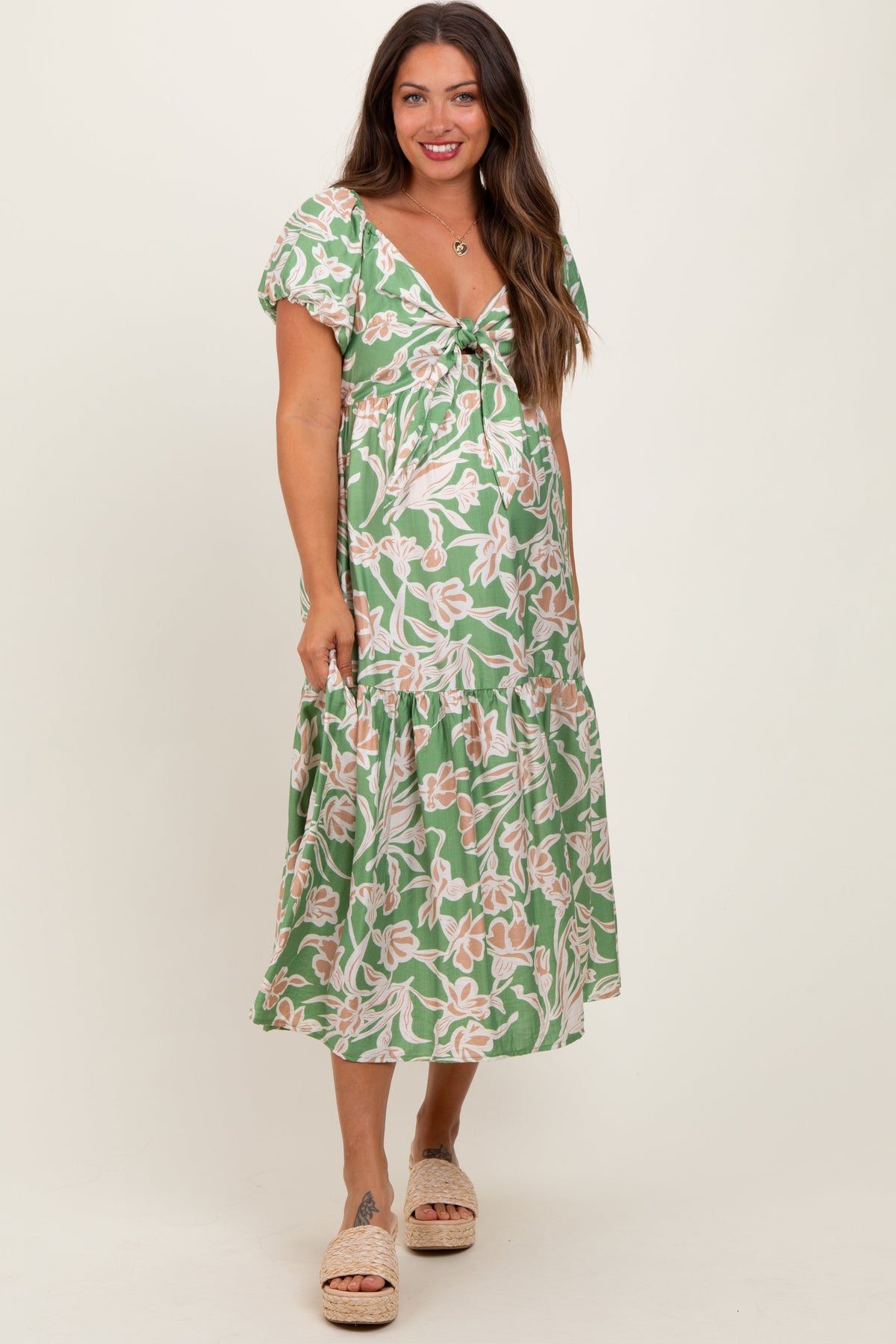 PinkBlush Green Floral Front Tie Maternity Midi Dress - 