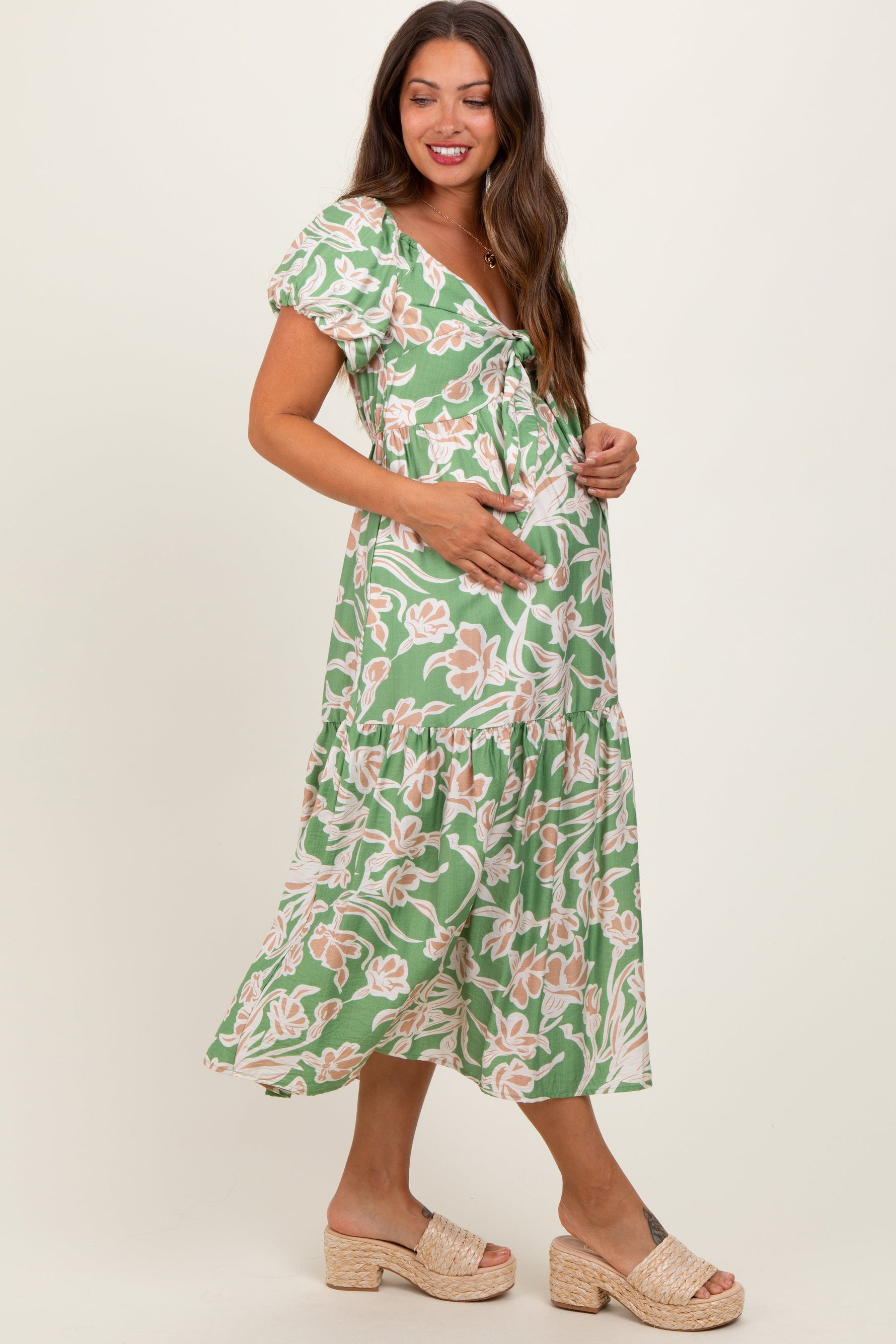 PinkBlush Green Floral Front Tie Maternity Midi Dress - 