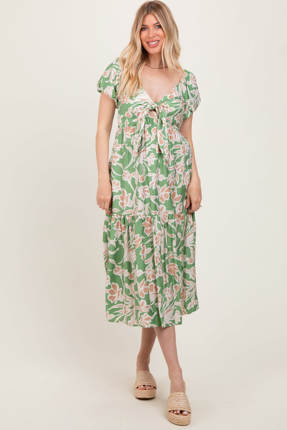 PinkBlush Green Floral Front Tie Midi DressEveretts Place