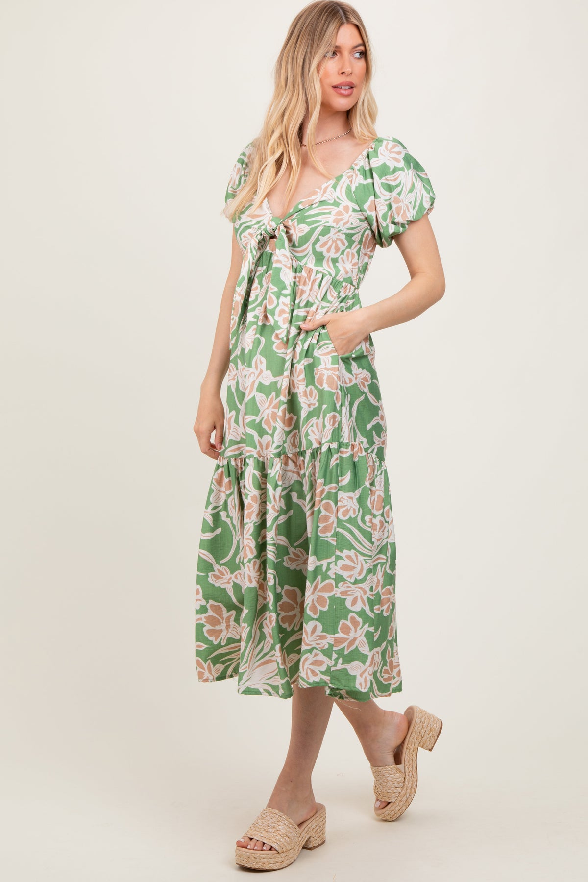 PinkBlush Green Floral Front Tie Midi DressEveretts Place