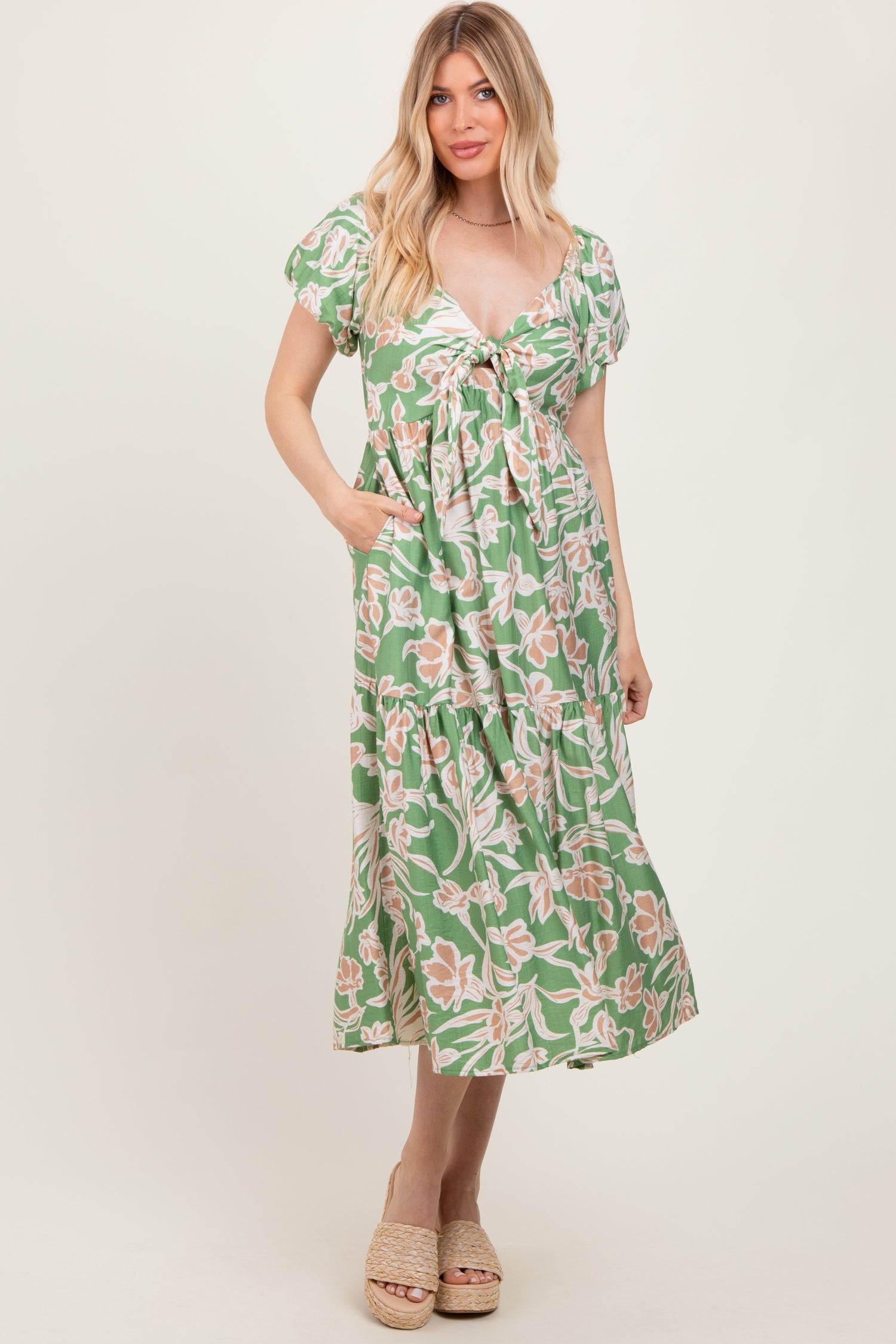 PinkBlush Green Floral Front Tie Midi DressEveretts Place
