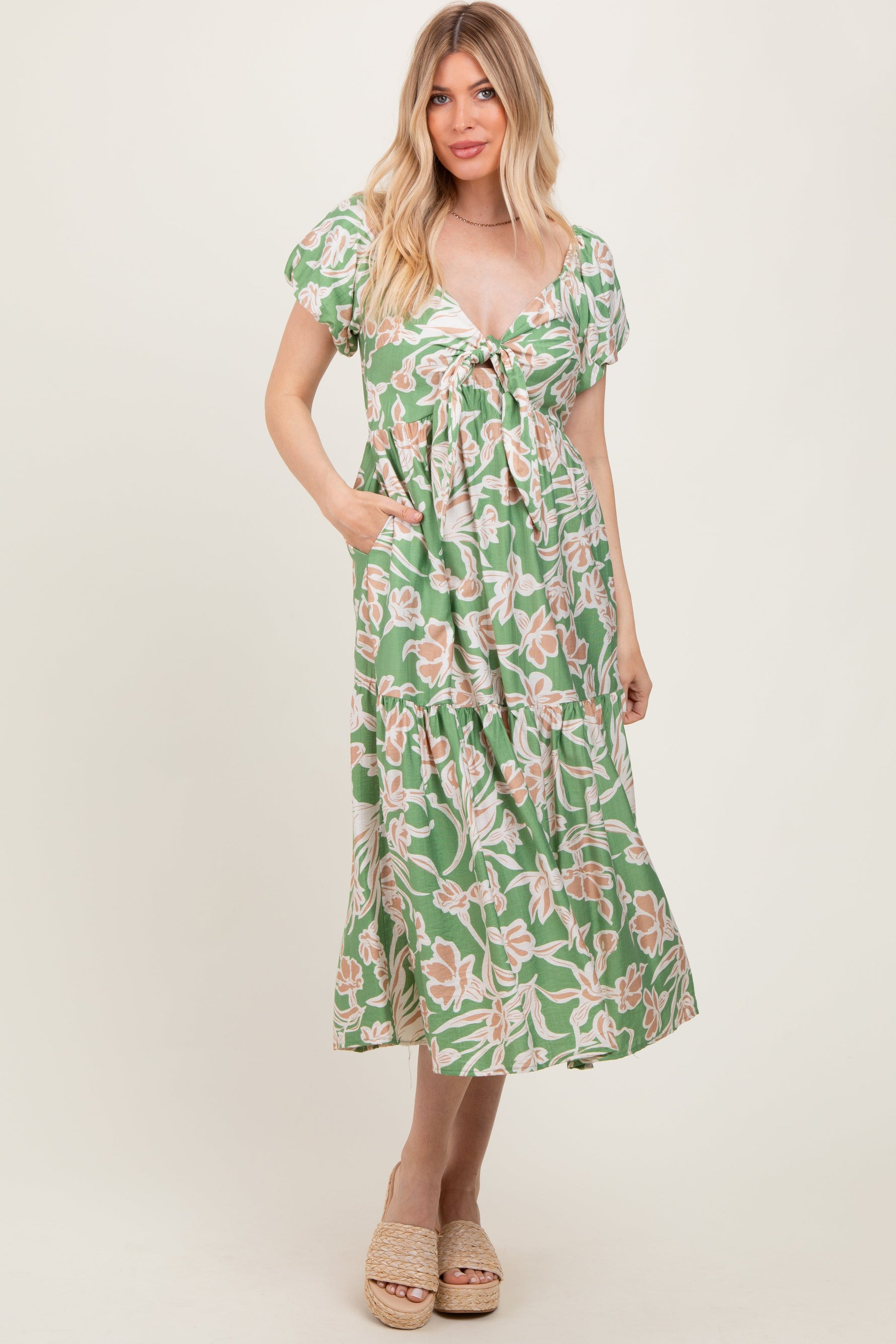 PinkBlush Green Floral Front Tie Midi DressEveretts Place