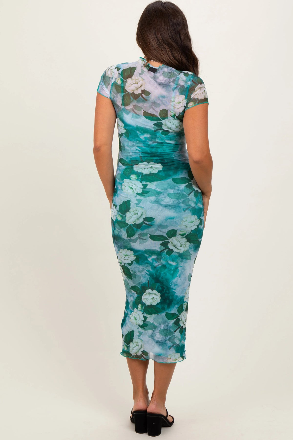 PinkBlush Green Floral Mesh Overlay Fitted Maternity Maxi Dress - 