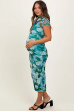PinkBlush Green Floral Mesh Overlay Fitted Maternity Maxi Dress - 