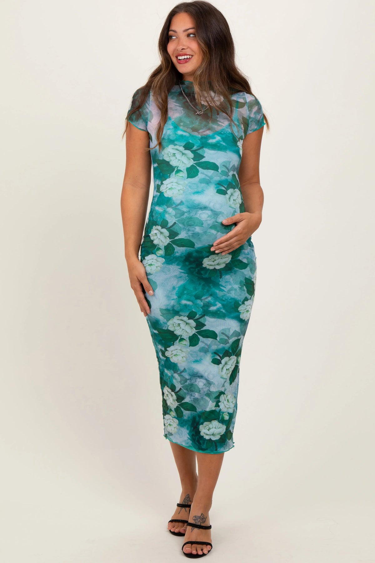 PinkBlush Green Floral Mesh Overlay Fitted Maternity Maxi Dress - 