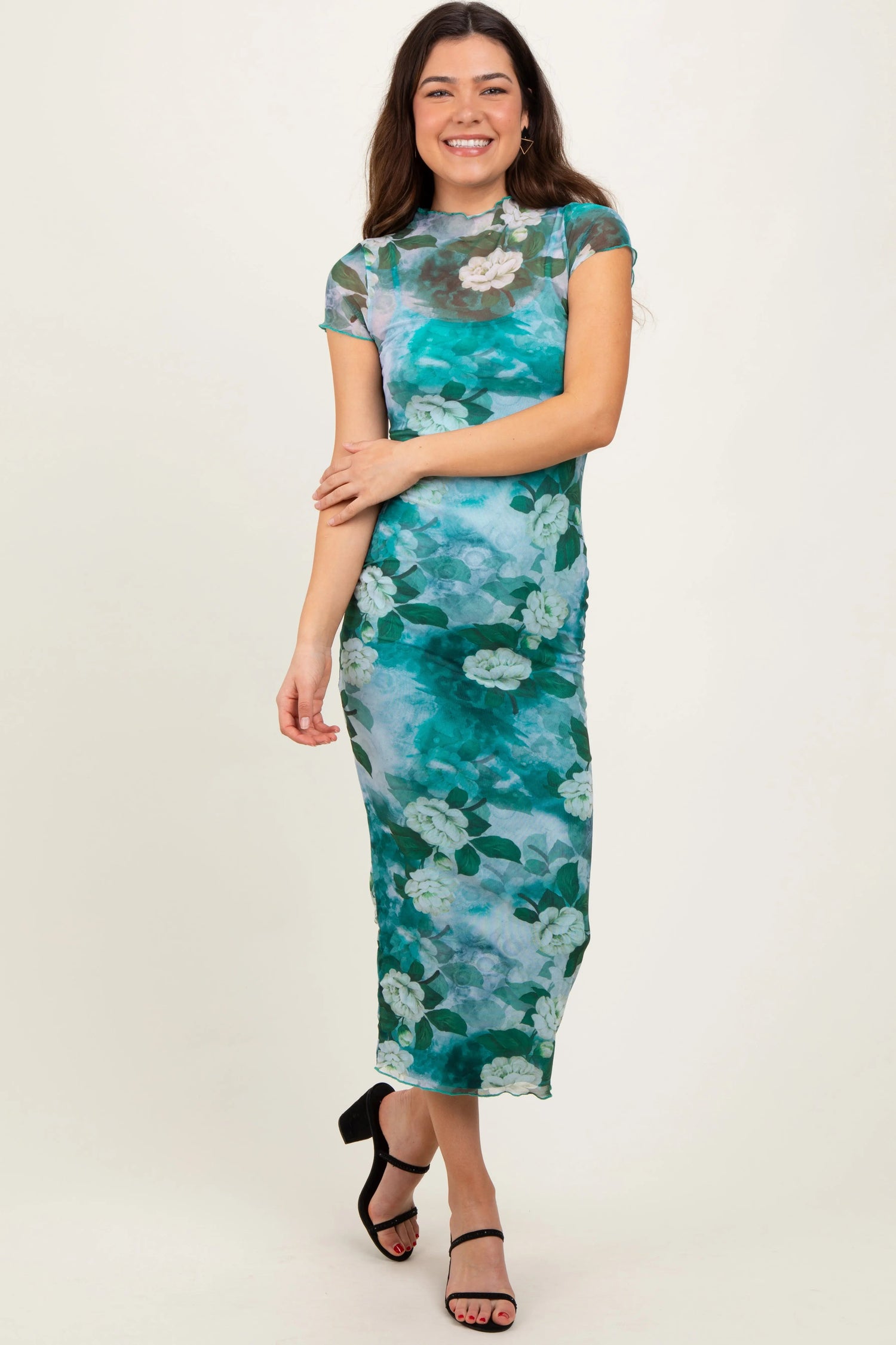 PinkBlush Green Floral Mesh Overlay Fitted Maxi Dress - 