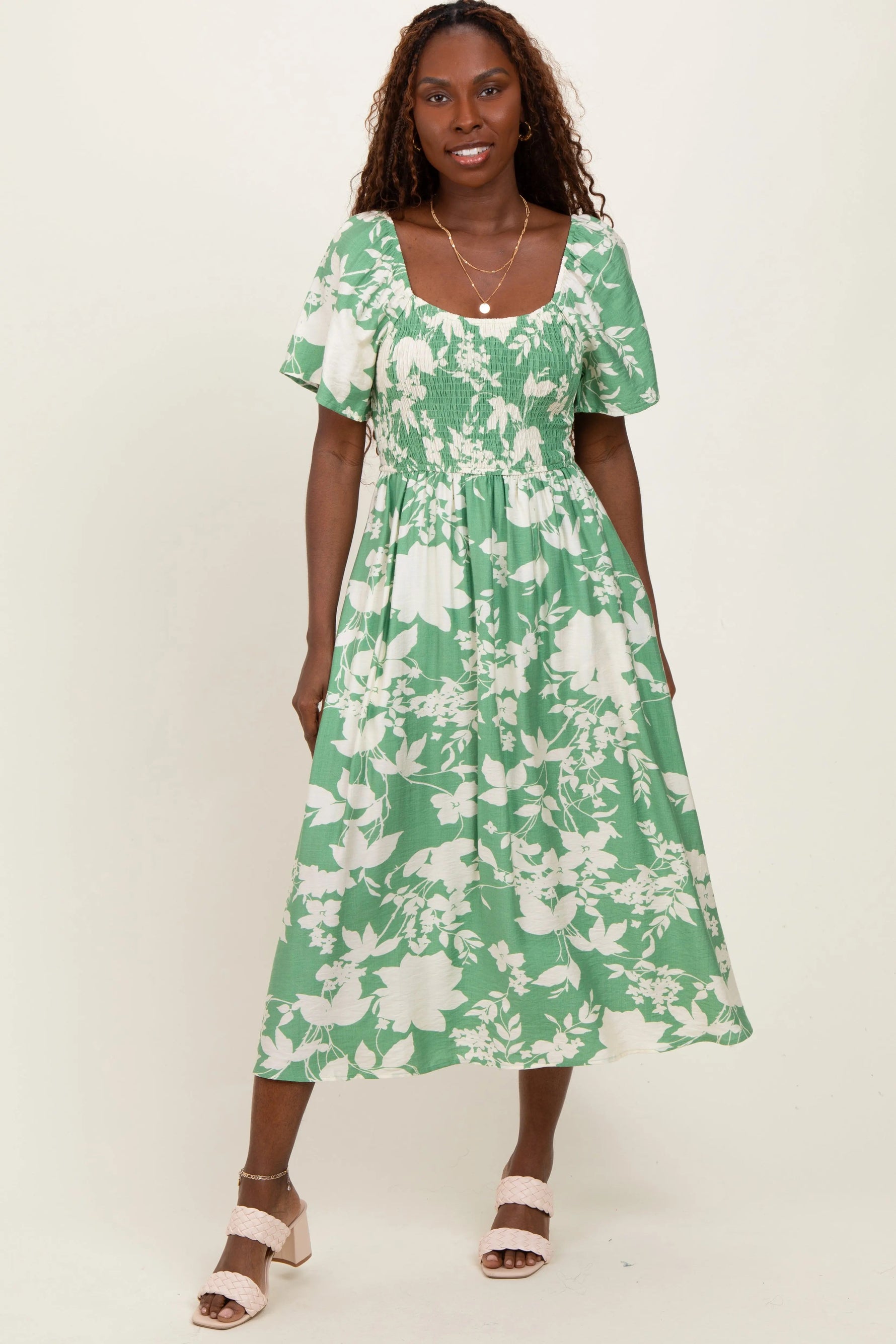 Green Floral Smocked Short Sleeve Midi Dress - Day Dress, One-piece garment, A-line, Dress, Necklace | Everetts Place