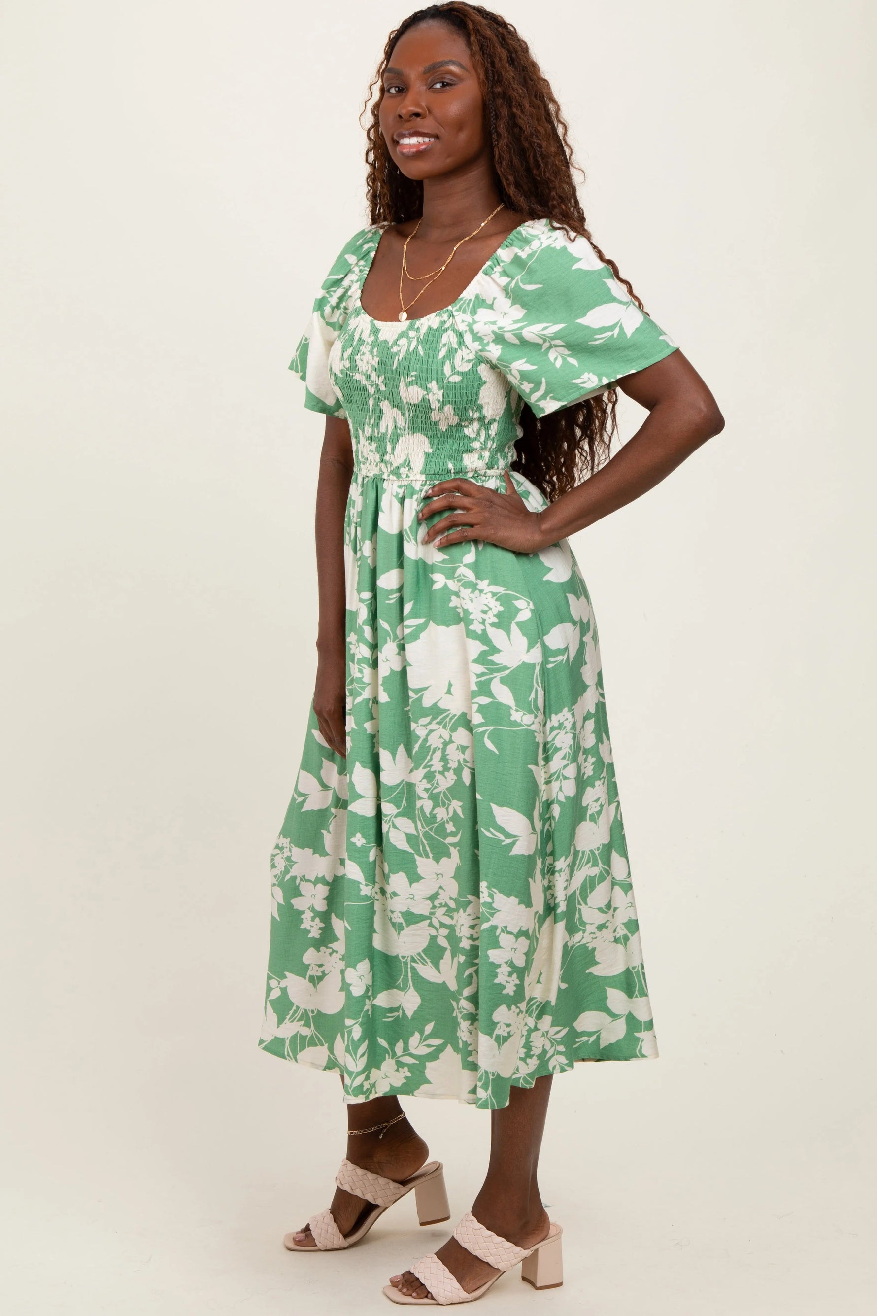 PinkBlush Green Floral Smocked Short Sleeve Midi Dress - 