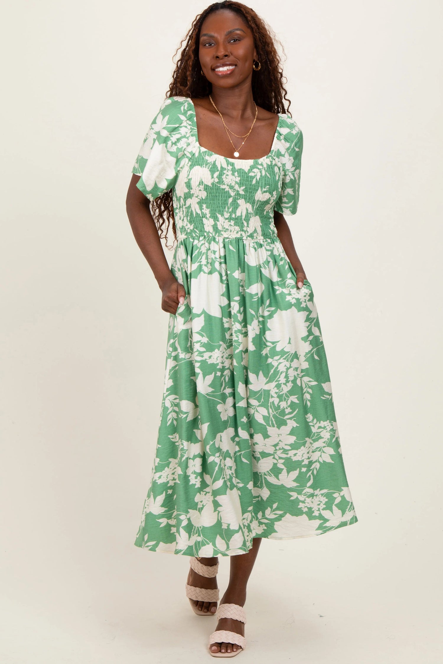 PinkBlush Green Floral Smocked Short Sleeve Midi Dress - 