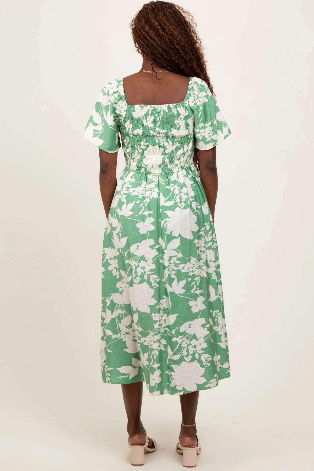 PinkBlush Green Floral Smocked Short Sleeve Midi Dress - 