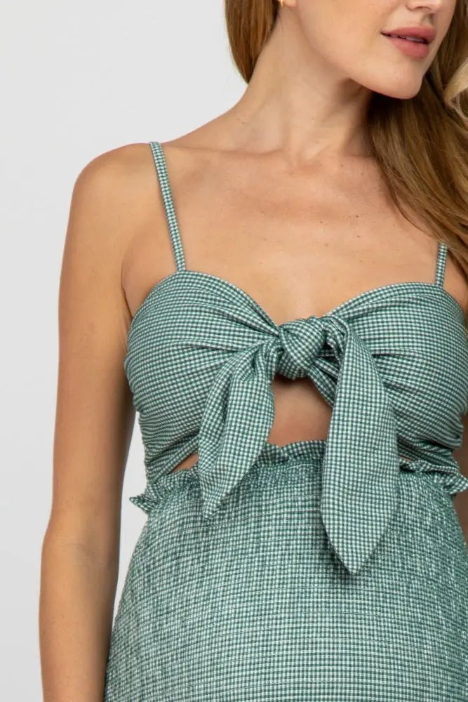 PinkBlush Green Gingham Print Smocked Fitted Self - Tie Maternity Midi Dress - 