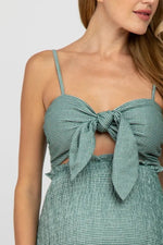 PinkBlush Green Gingham Print Smocked Fitted Self - Tie Maternity Midi Dress - 