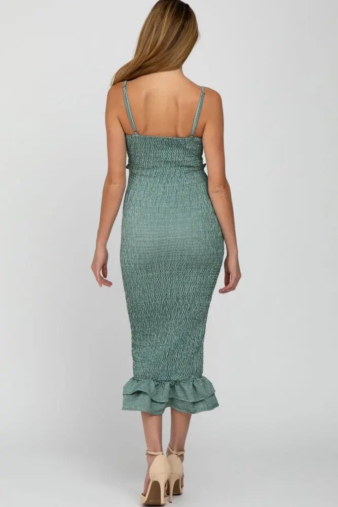PinkBlush Green Gingham Print Smocked Fitted Self - Tie Maternity Midi Dress - 