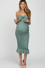 PinkBlush Green Gingham Print Smocked Fitted Self - Tie Maternity Midi Dress - 