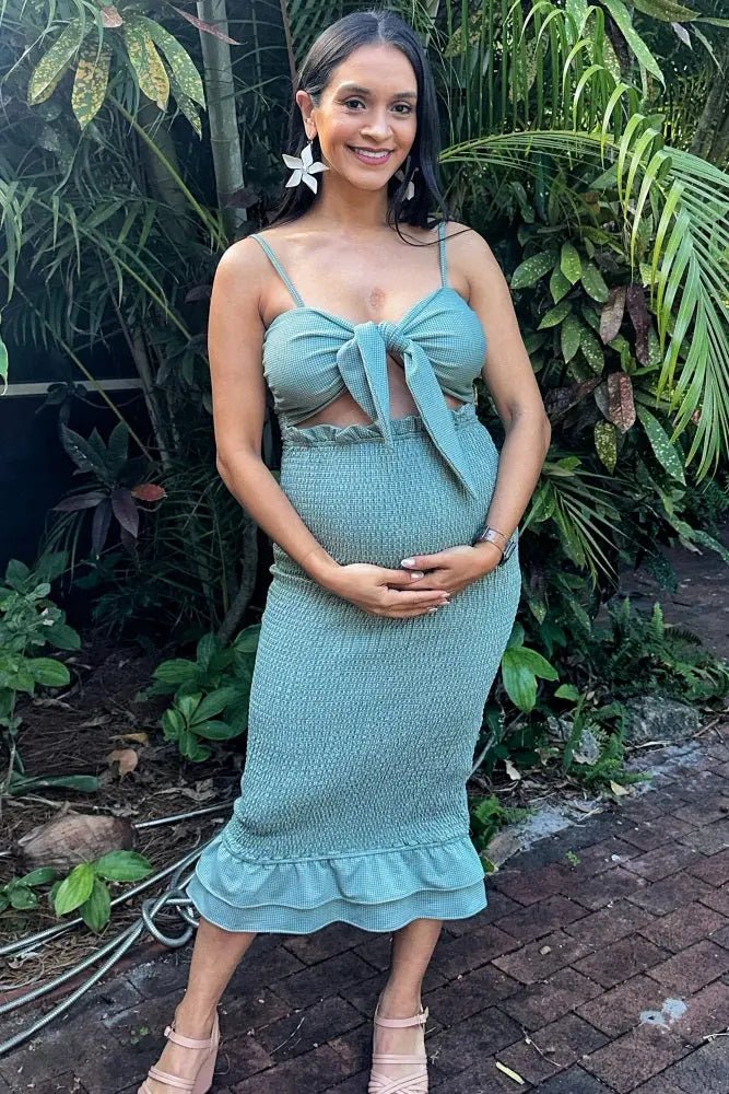 PinkBlush Green Gingham Print Smocked Fitted Self - Tie Maternity Midi Dress - 