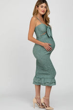 PinkBlush Green Gingham Print Smocked Fitted Self - Tie Maternity Midi Dress - 