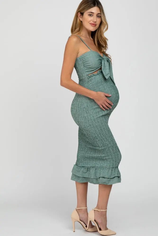 PinkBlush Green Gingham Print Smocked Fitted Self - Tie Maternity Midi Dress - 