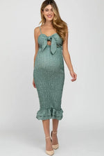 PinkBlush Green Gingham Print Smocked Fitted Self - Tie Maternity Midi Dress - 