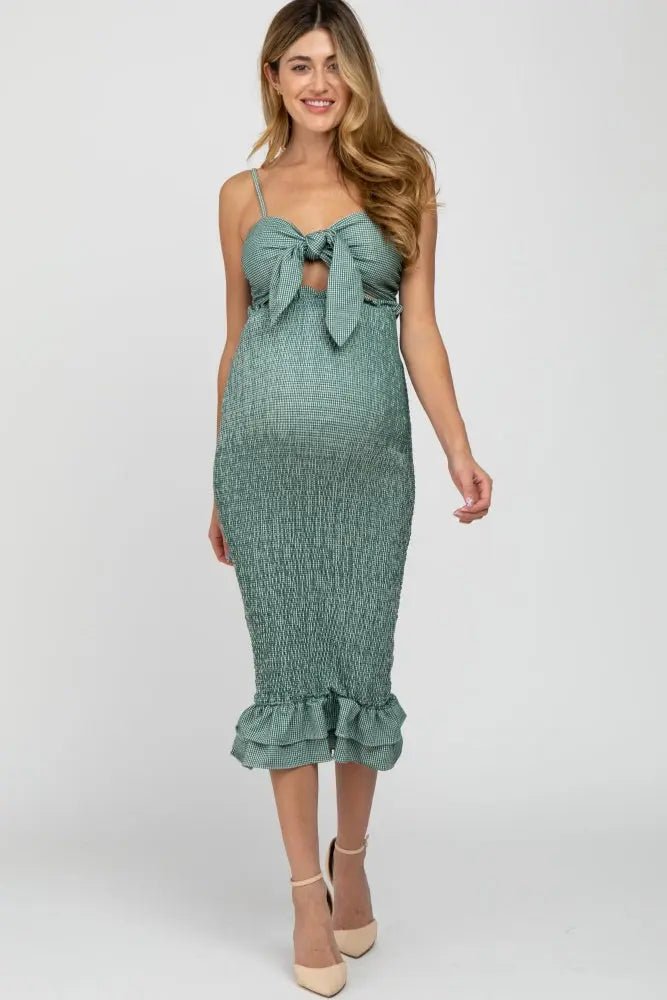 smocked fitted maternity dress PinkBlush Green Gingham Print Self-Tie Midi Medium Maxine of Hollywood Spring our Smocked Ruffle Maternity YGroup_polly-mini-dress Color:DustyRose