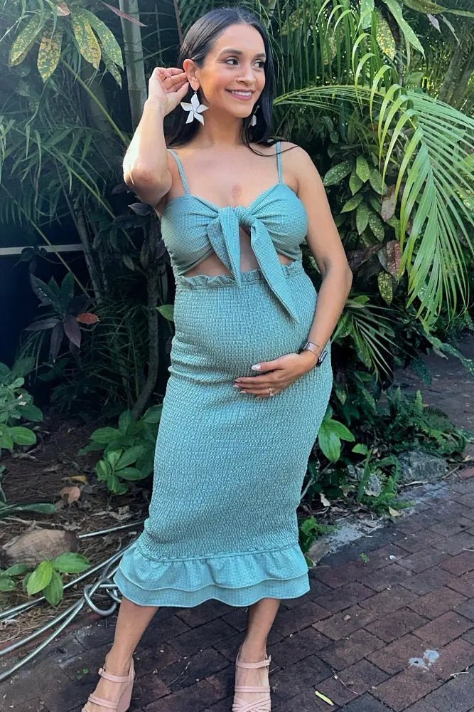 PinkBlush Green Gingham Print Smocked Fitted Self - Tie Maternity Midi Dress - 