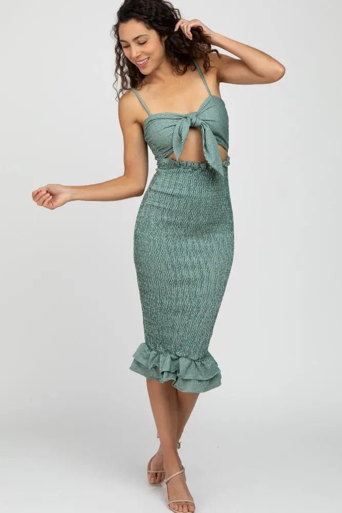 PinkBlush Green Gingham Print Smocked Fitted Self - Tie Maternity Midi Dress - 