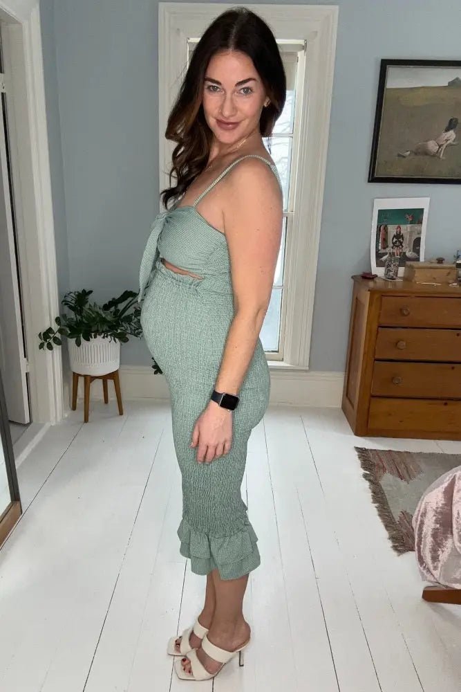 PinkBlush Green Gingham Print Smocked Fitted Self - Tie Maternity Midi Dress - 