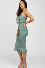 PinkBlush Green Gingham Print Smocked Fitted Self - Tie Midi Dress - 