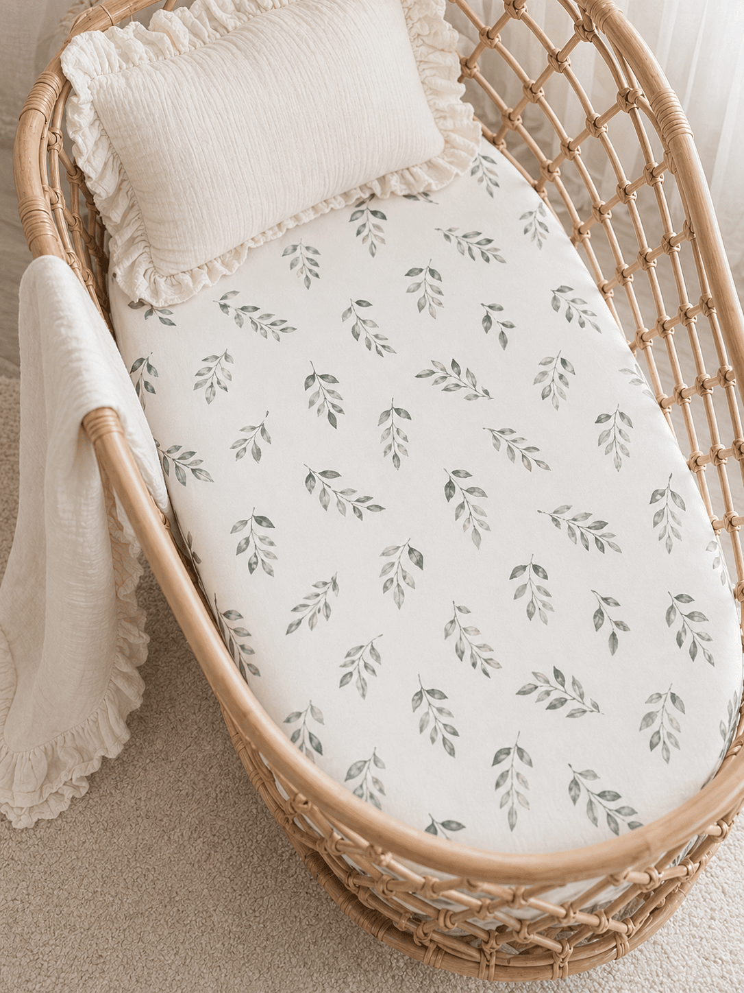 Harp Angel Boutique Green Leaves Bamboo Changing Pad Cover | Bassinet & Lounger Cover Everetts Place