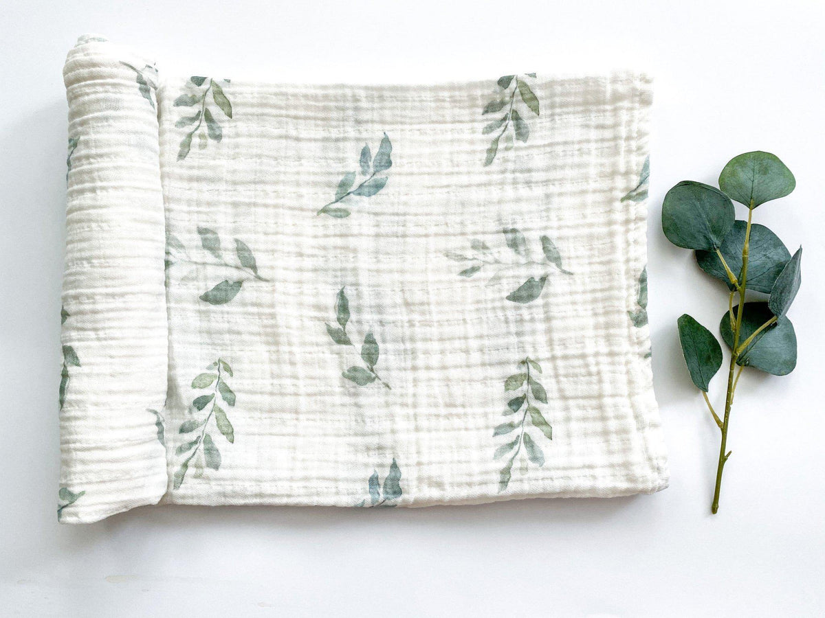 Green Leaves Muslin Swaddle Blanket by Harp Angel Boutique