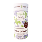 Green + Lovely Herbal Baby Powder with Soothing Oatmeal, shown in a natural, eco-friendly container.