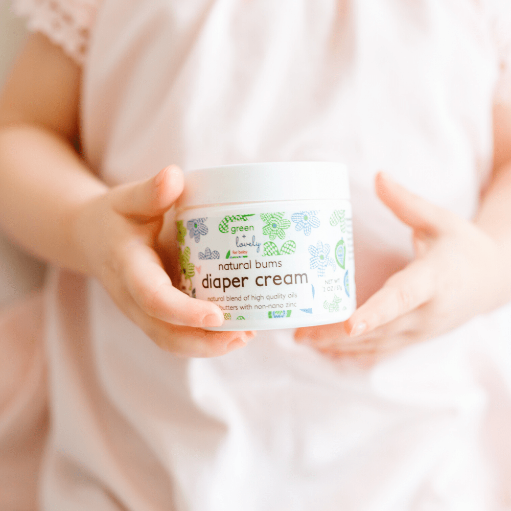 Green + Lovely Non-Nano Zinc Oxide Diaper Rash Cream tube with a gentle, natural design.