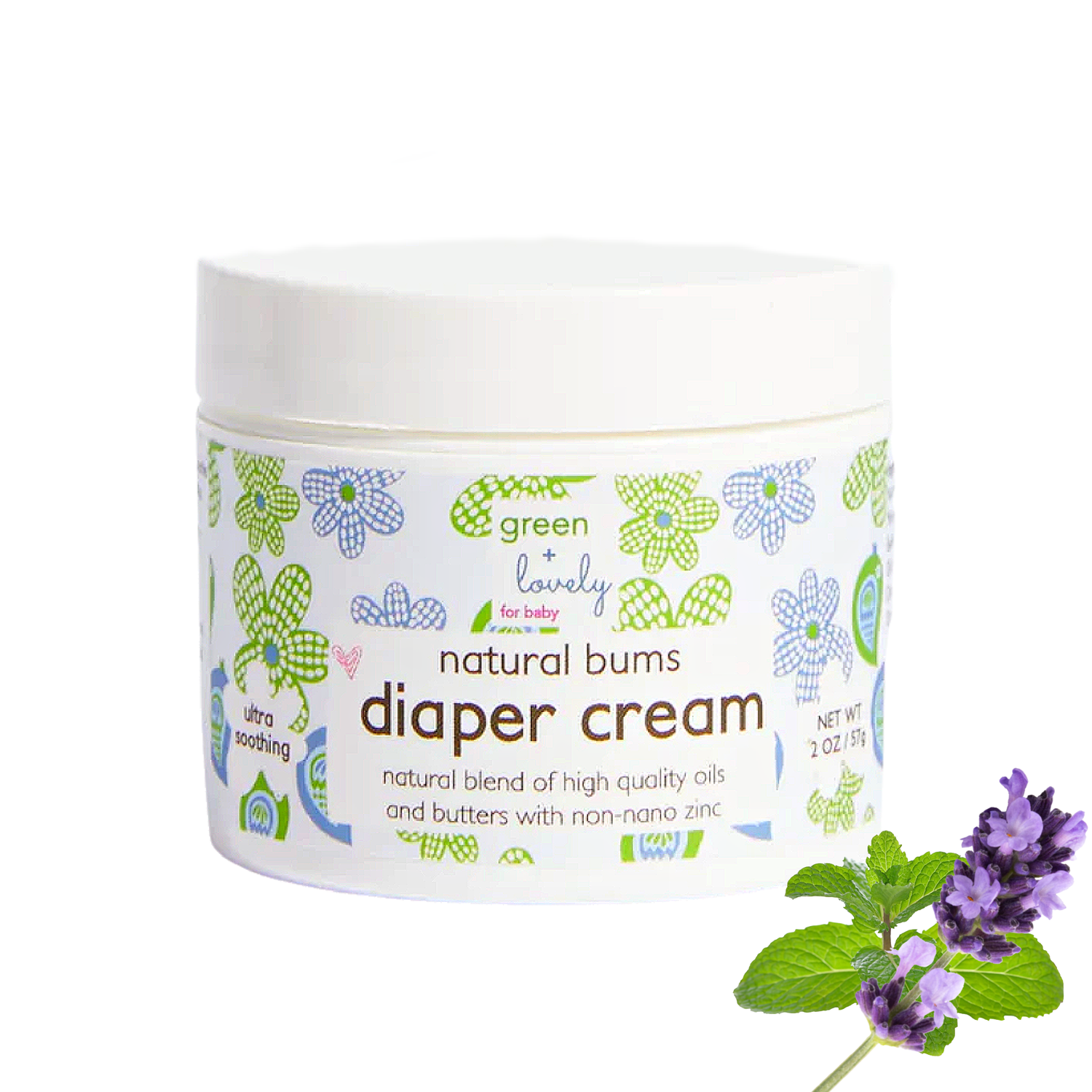 Green + Lovely Non-Nano Zinc Oxide Diaper Rash Cream tube with a gentle, natural design.
