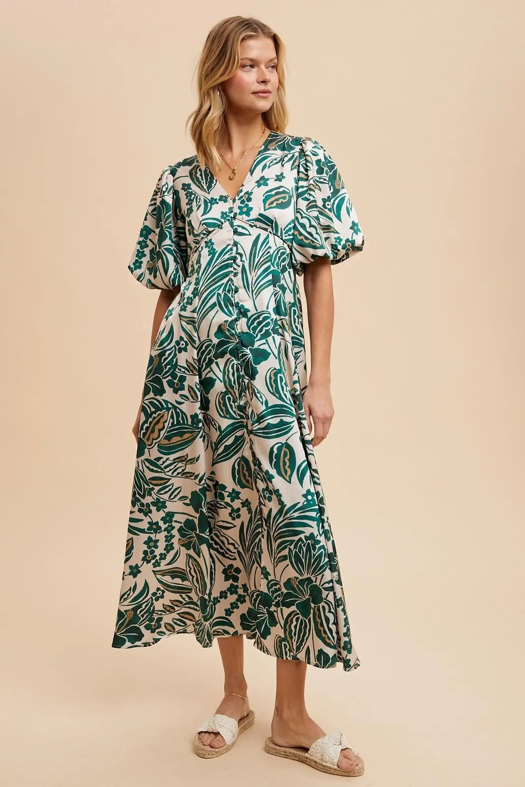 PinkBlush Green Palm Resort Print Satin Floral Button Maternity Maxi Dress - 