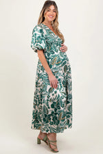 PinkBlush Green Palm Resort Print Satin Floral Button Maternity Maxi Dress - 