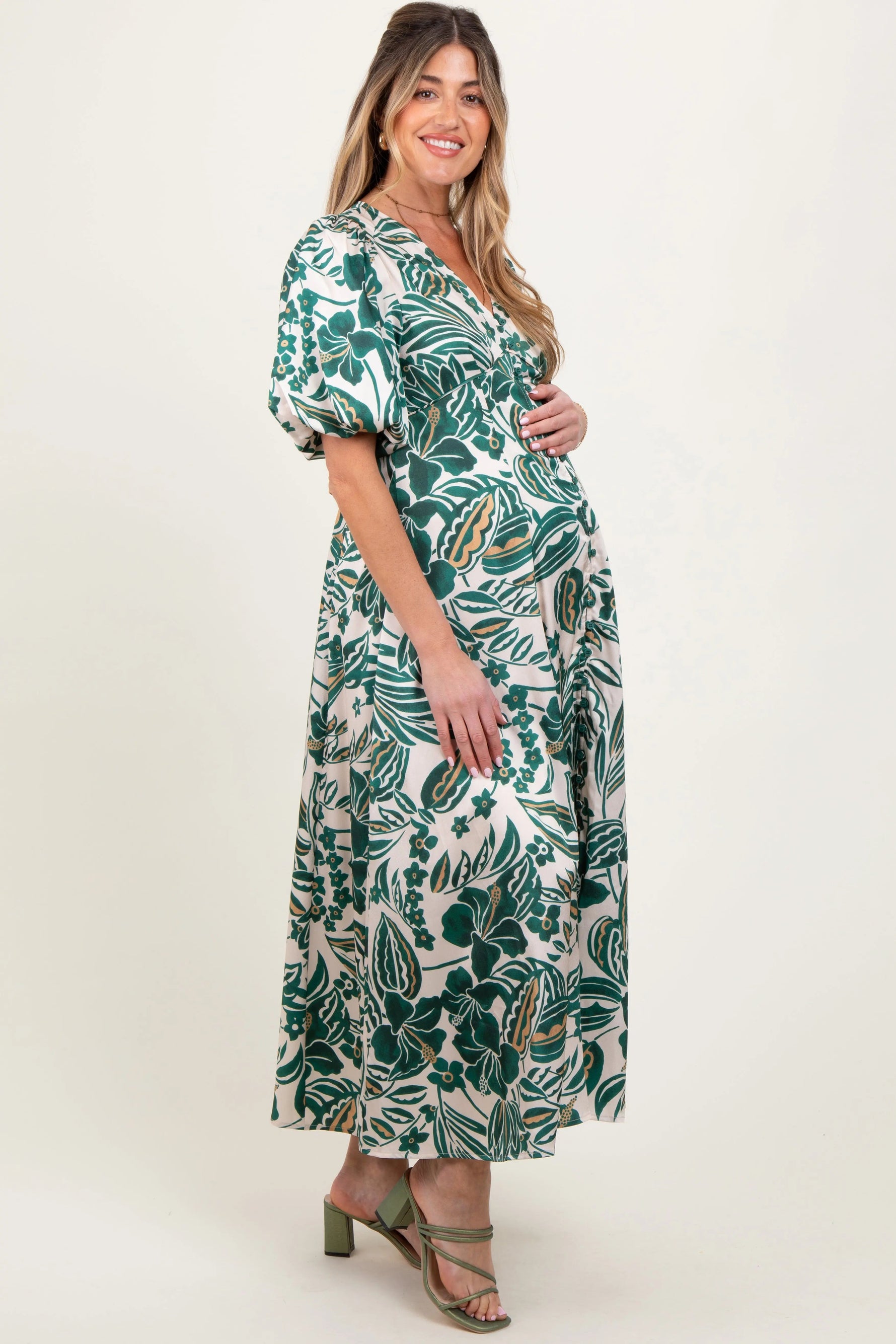 PinkBlush Green Palm Resort Print Satin Floral Button Maternity Maxi Dress - 