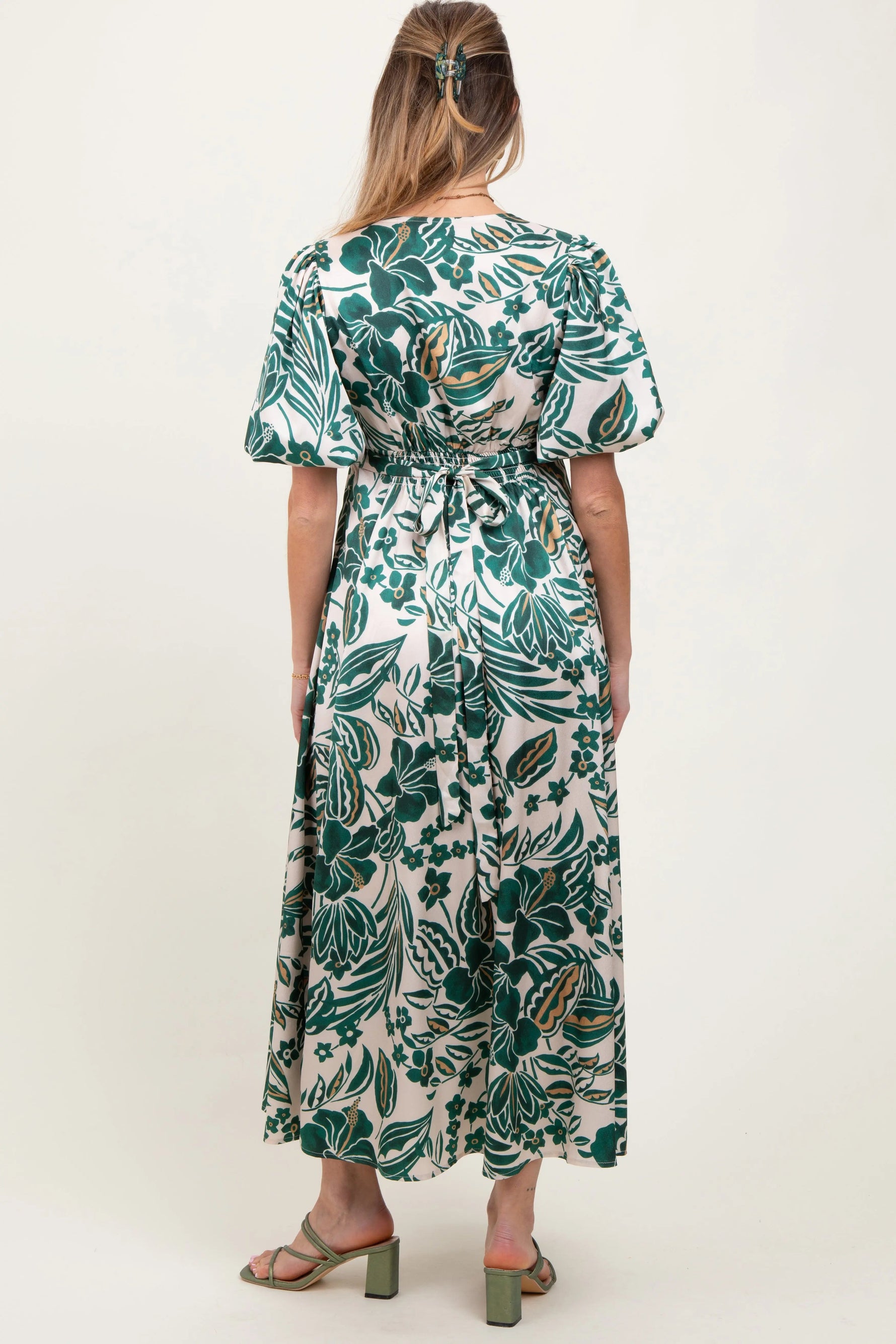 PinkBlush Green Palm Resort Print Satin Floral Button Maternity Maxi Dress - 