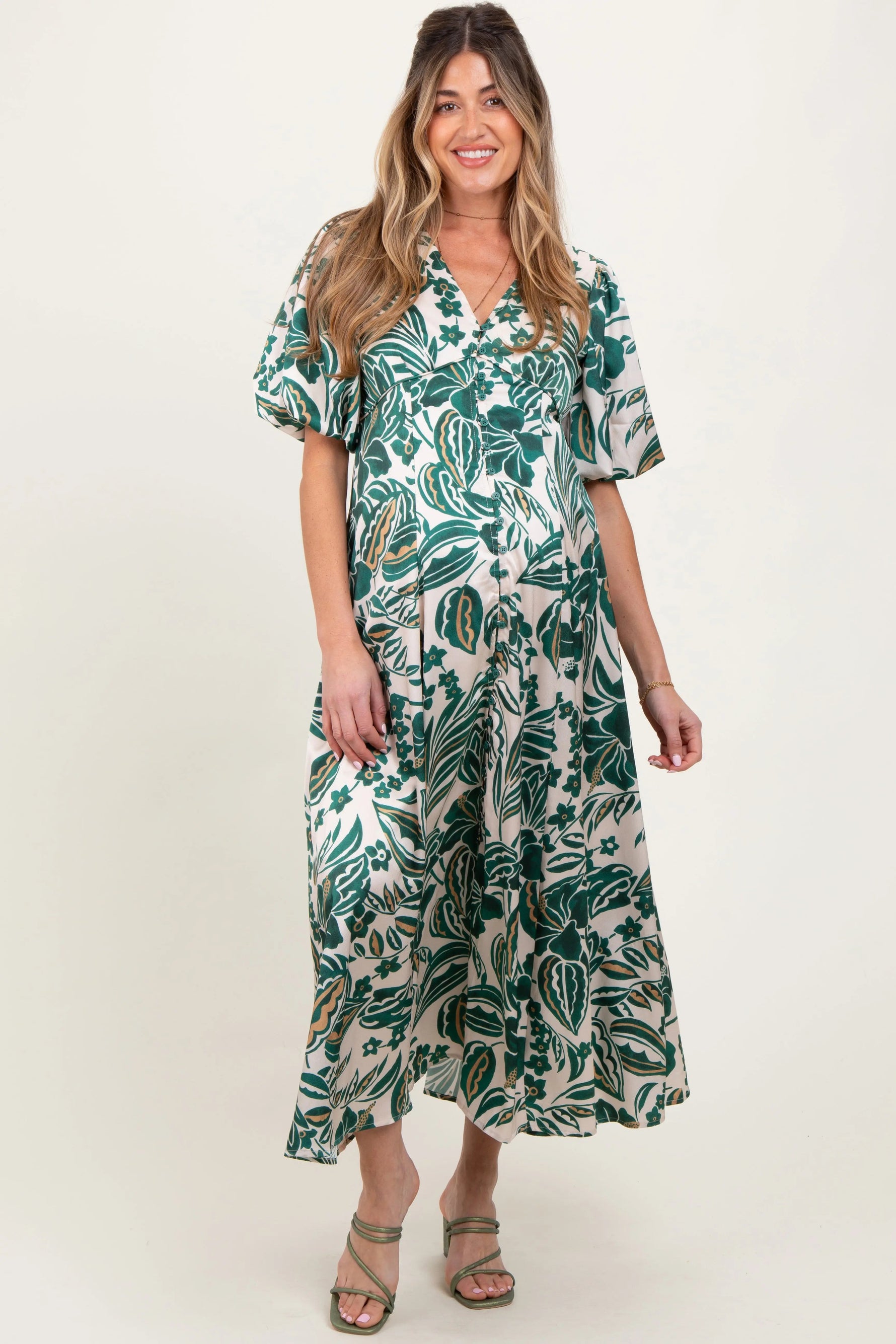PinkBlush Green Palm Resort Print Satin Floral Button Maternity Maxi Dress - 