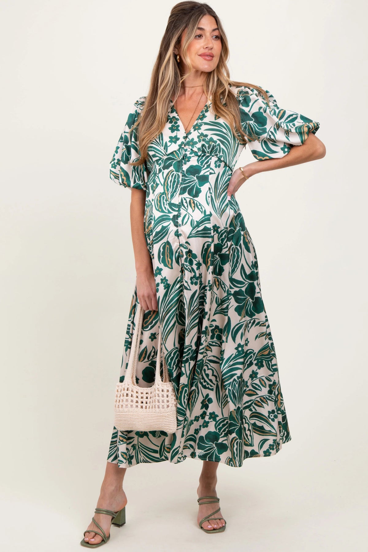 PinkBlush Green Palm Resort Print Satin Floral Button Maternity Maxi Dress - 